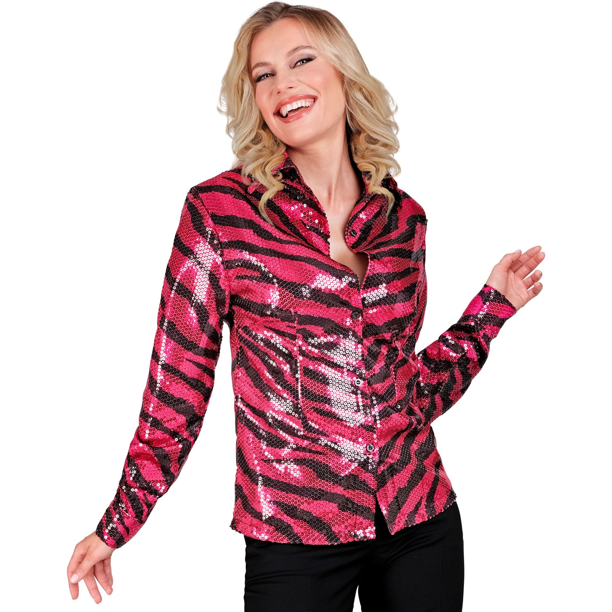 "PARTY FASHION BLUSE" (Paillettenbluse in Zebramuster pink) – Detailansicht