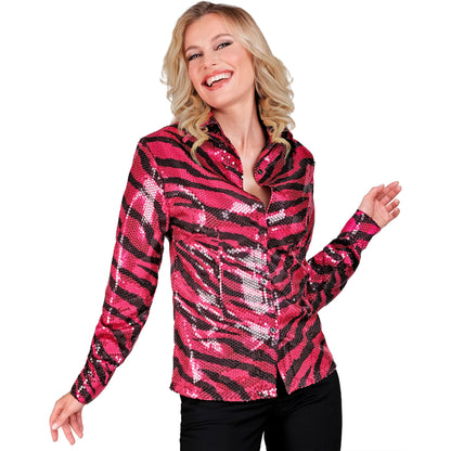 "PARTY FASHION BLUSE" (Paillettenbluse in Zebramuster pink) – Detailansicht