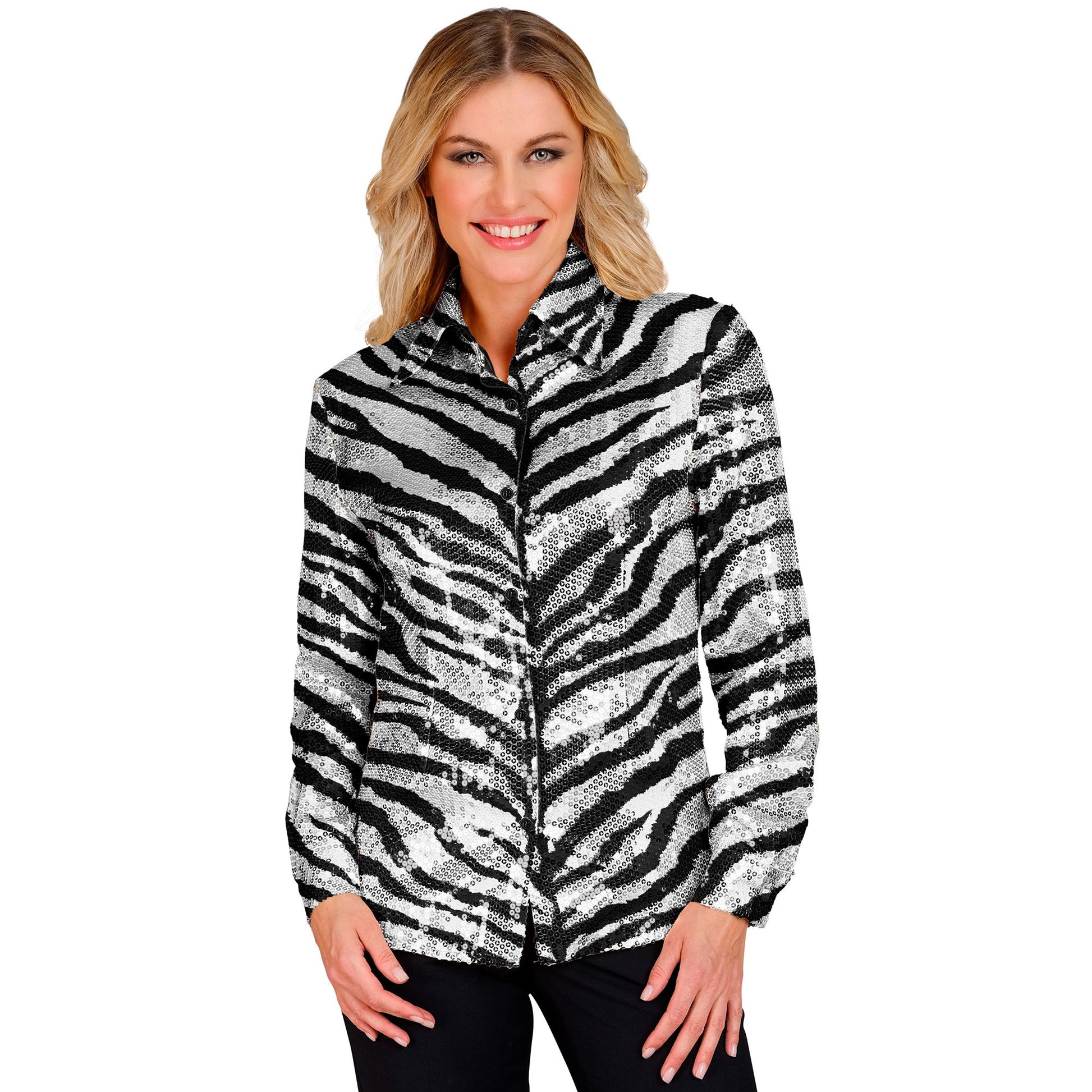 "PARTY FASHION BLUSE" (Paillettenbluse in Zebramuster) – Vorderansicht