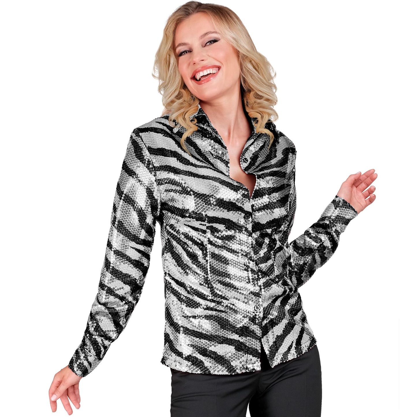 "PARTY FASHION BLUSE" (Paillettenbluse in Zebramuster) – Detailansicht