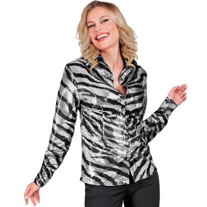 "PARTY FASHION BLUSE" (Paillettenbluse in Zebramuster) – Detailansicht