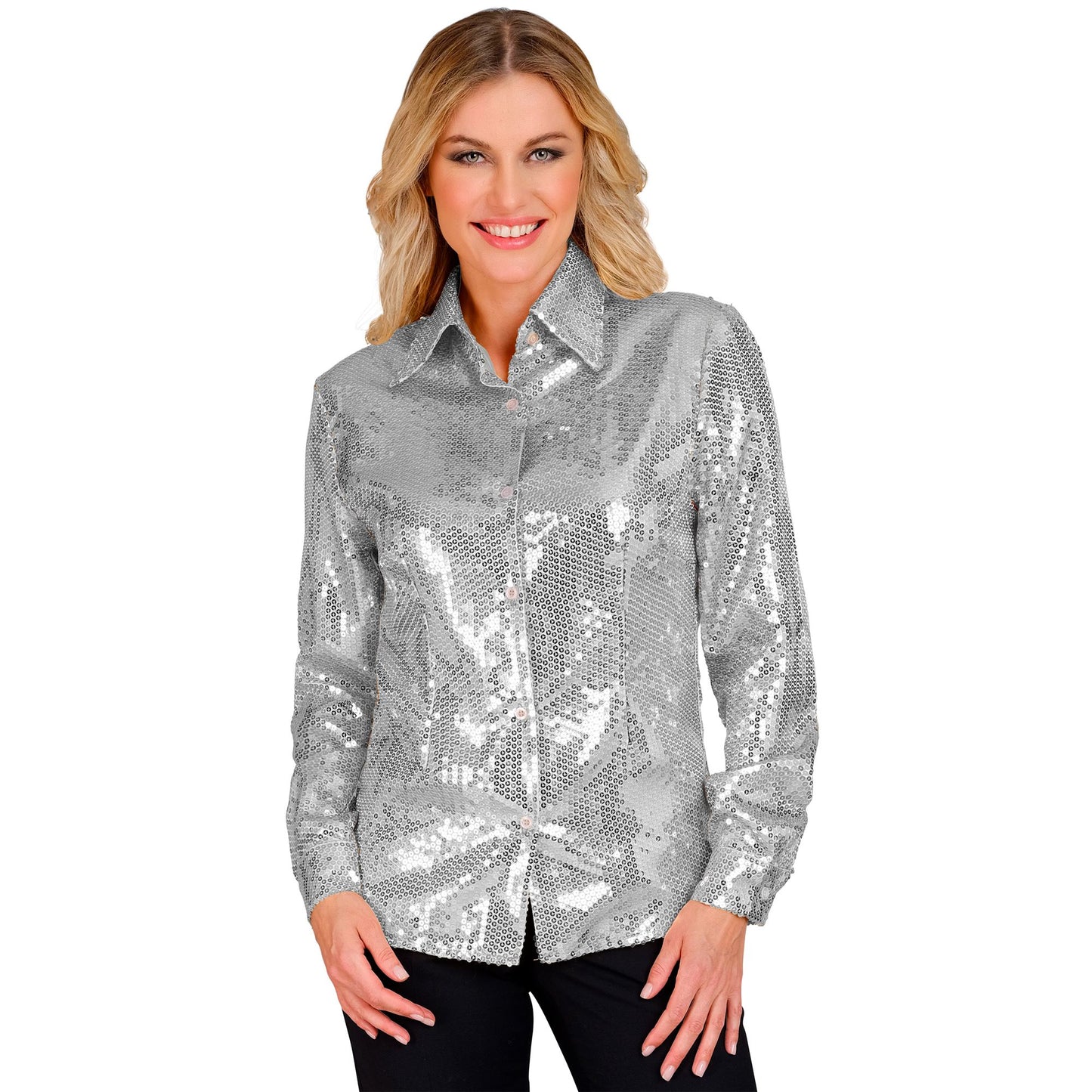 "PARTY FASHION BLUSE" (Paillettenbluse silber) – Vorderansicht
