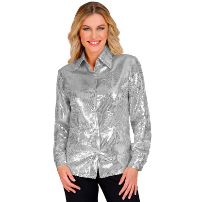 "PARTY FASHION BLUSE" (Paillettenbluse silber) – Vorderansicht