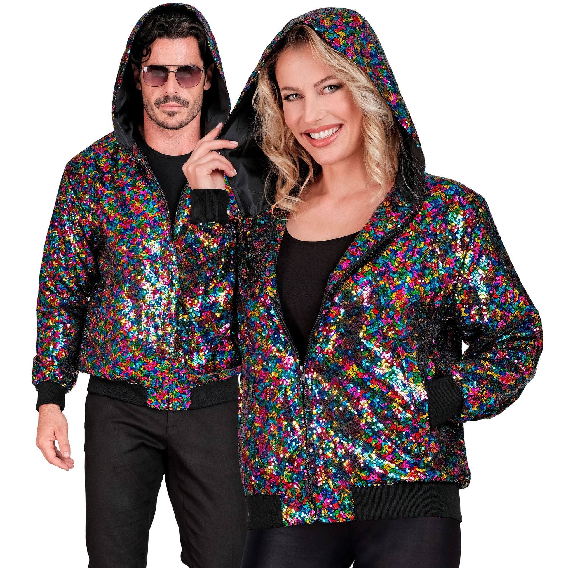 "PARTY FASHION BOMBERJACKE MIT KAPUZE" (Pailletten Bomberjacke mit Kapuze bunt) – Vorderansicht
