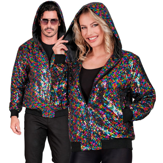 "PARTY FASHION BOMBERJACKE MIT KAPUZE" (Pailletten Bomberjacke mit Kapuze bunt) – Vorderansicht