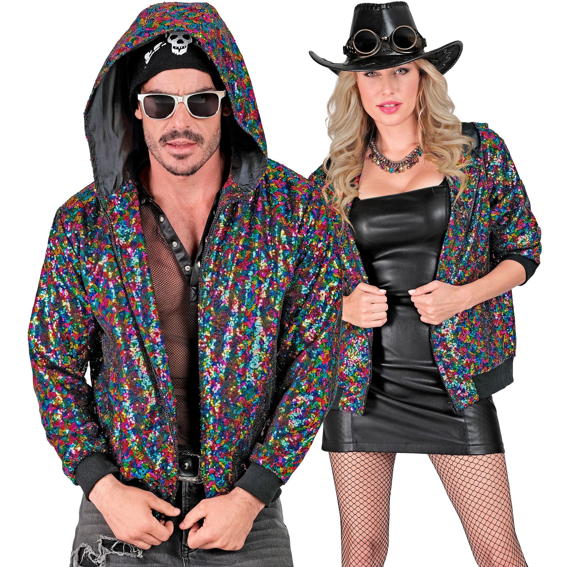 "PARTY FASHION BOMBERJACKE MIT KAPUZE" (Pailletten Bomberjacke mit Kapuze bunt) – Detailansicht