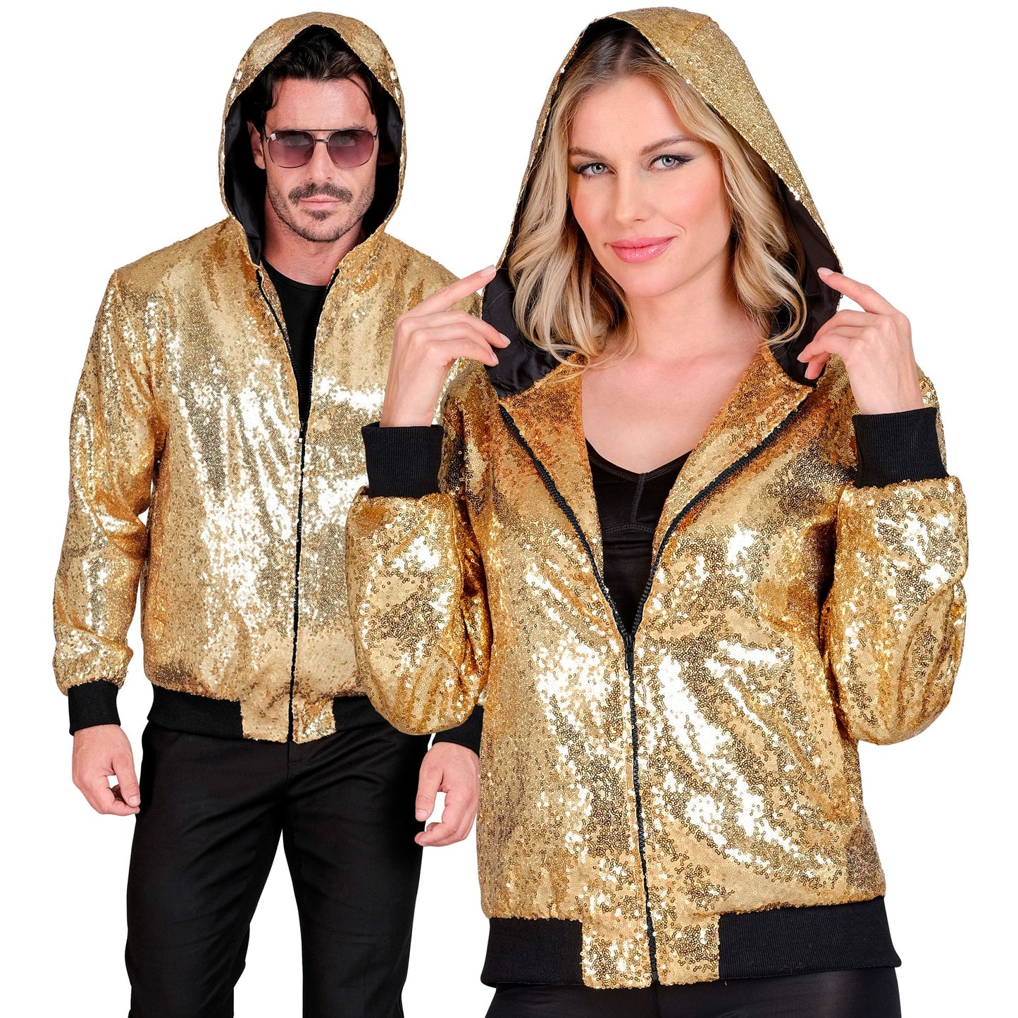 "PARTY FASHION BOMBERJACKE MIT KAPUZE" (Pailletten Bomberjacke mit Kapuze gold) – Vorderansicht