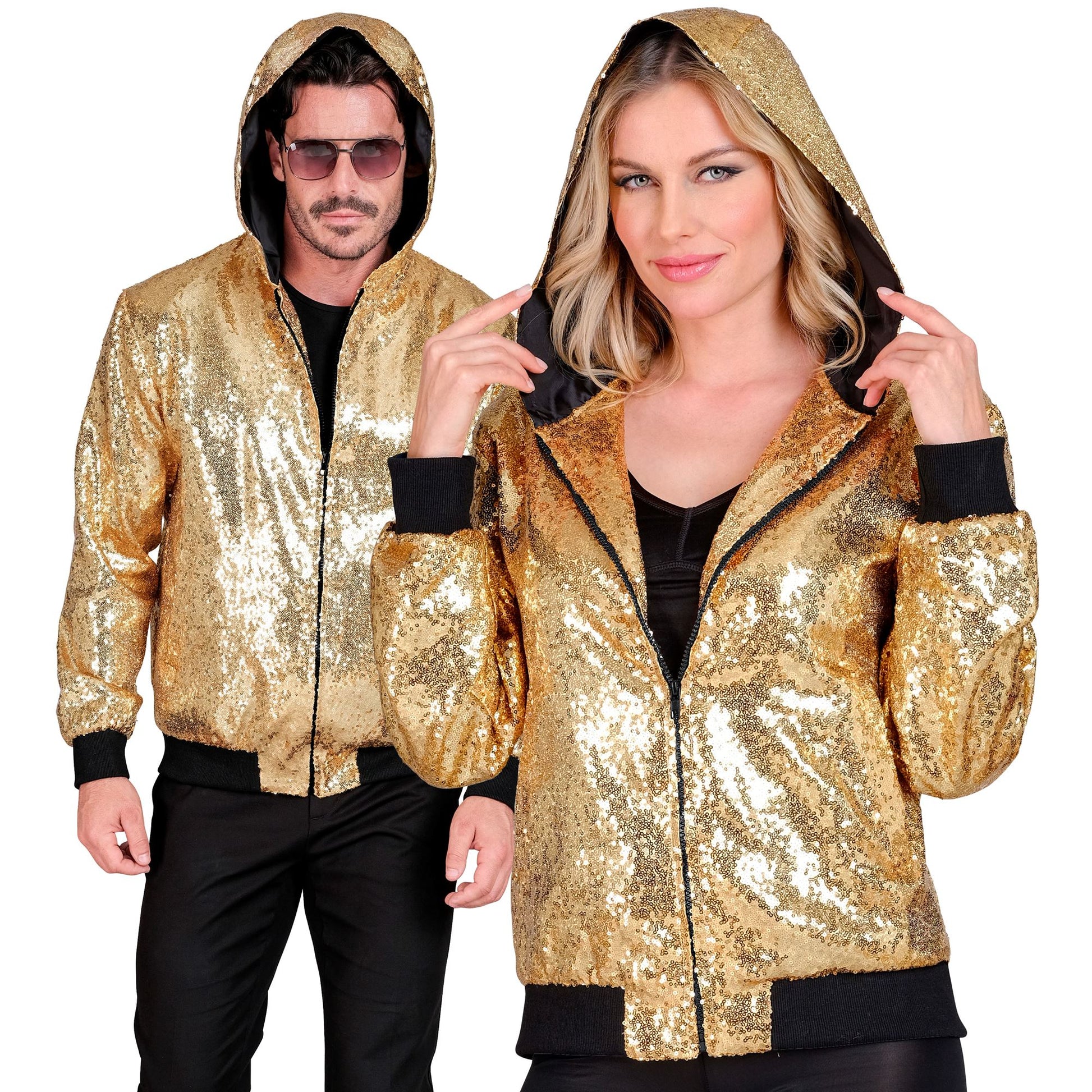 "PARTY FASHION BOMBERJACKE MIT KAPUZE" (Pailletten Bomberjacke mit Kapuze gold) – Vorderansicht