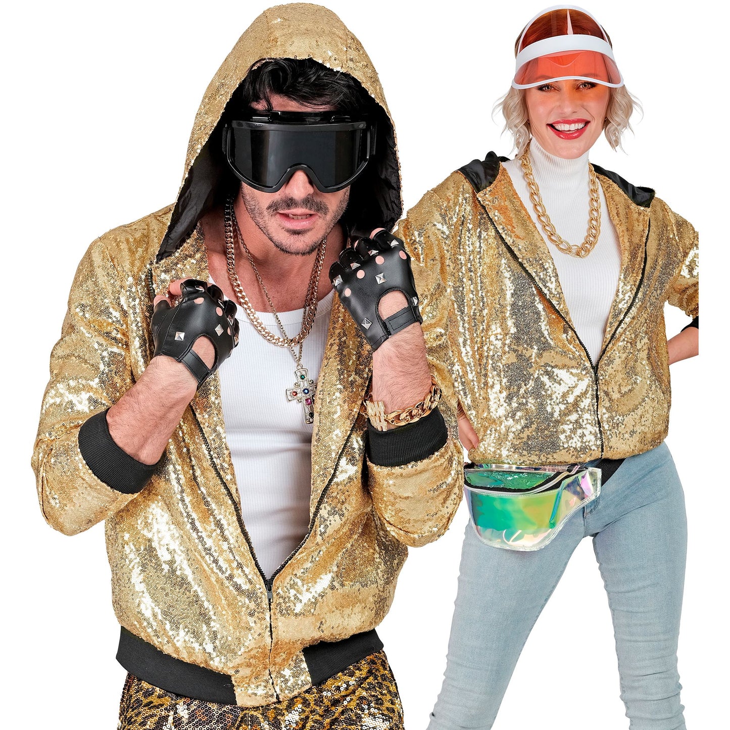 "PARTY FASHION BOMBERJACKE MIT KAPUZE" (Pailletten Bomberjacke mit Kapuze gold) – Detailansicht