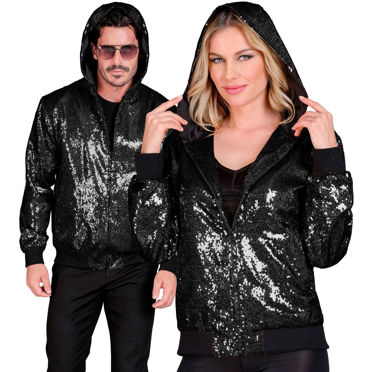 "PARTY FASHION BOMBERJACKE MIT KAPUZE" (Pailletten Bomberjacke mit Kapuze schwarz) – Vorderansicht