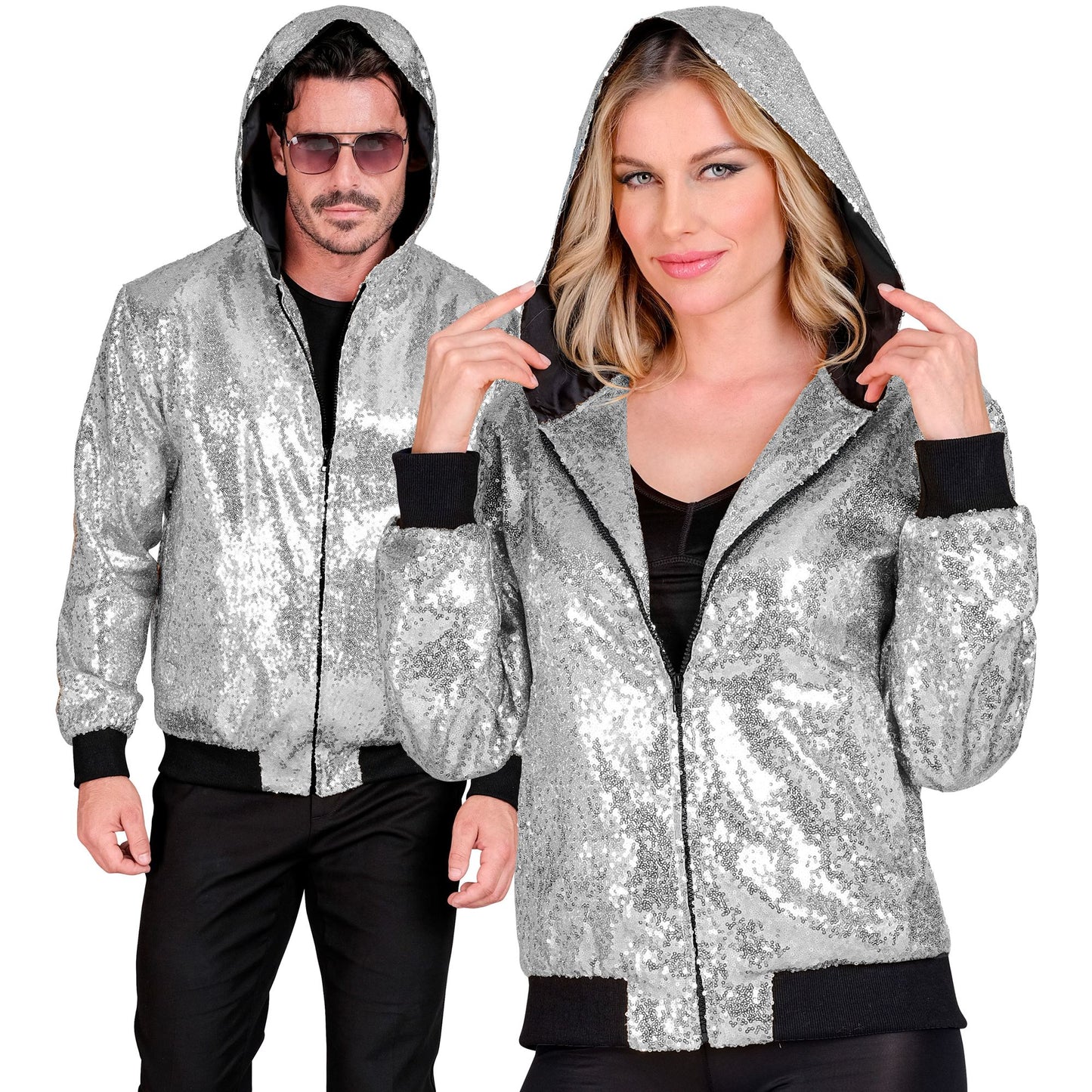 "PARTY FASHION BOMBERJACKE MIT KAPUZE" (Pailletten Bomberjacke mit Kapuze silber) – Vorderansicht