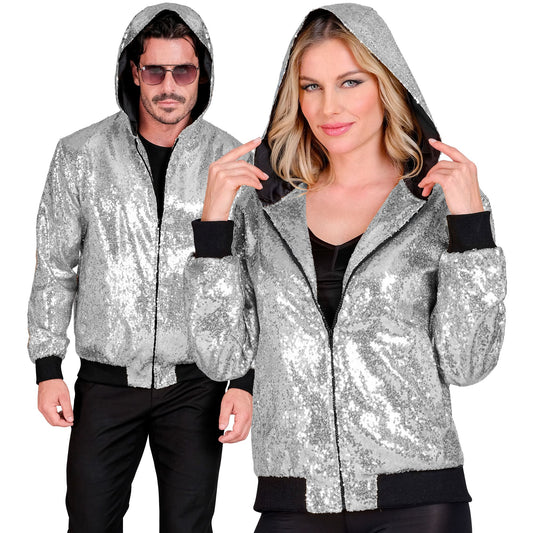 "PARTY FASHION BOMBERJACKE MIT KAPUZE" (Pailletten Bomberjacke mit Kapuze silber) – Vorderansicht