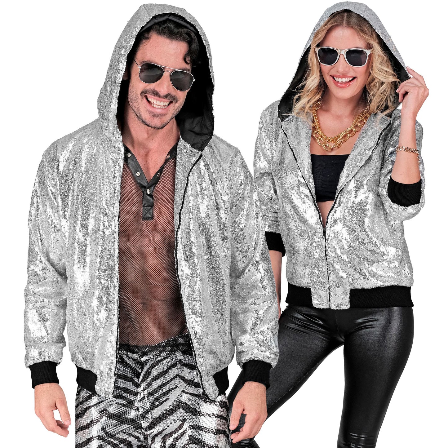 "PARTY FASHION BOMBERJACKE MIT KAPUZE" (Pailletten Bomberjacke mit Kapuze silber) – Detailansicht