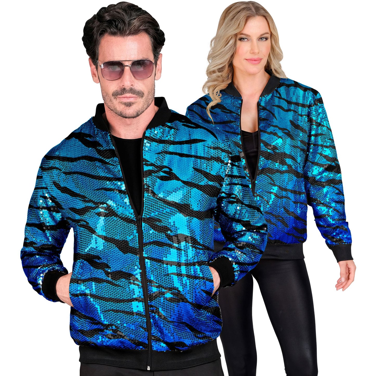 "PARTY FASHION BOMBERJACKE" (Pailletten Bomberjacke in blue waves Muster) – Vorderansicht
