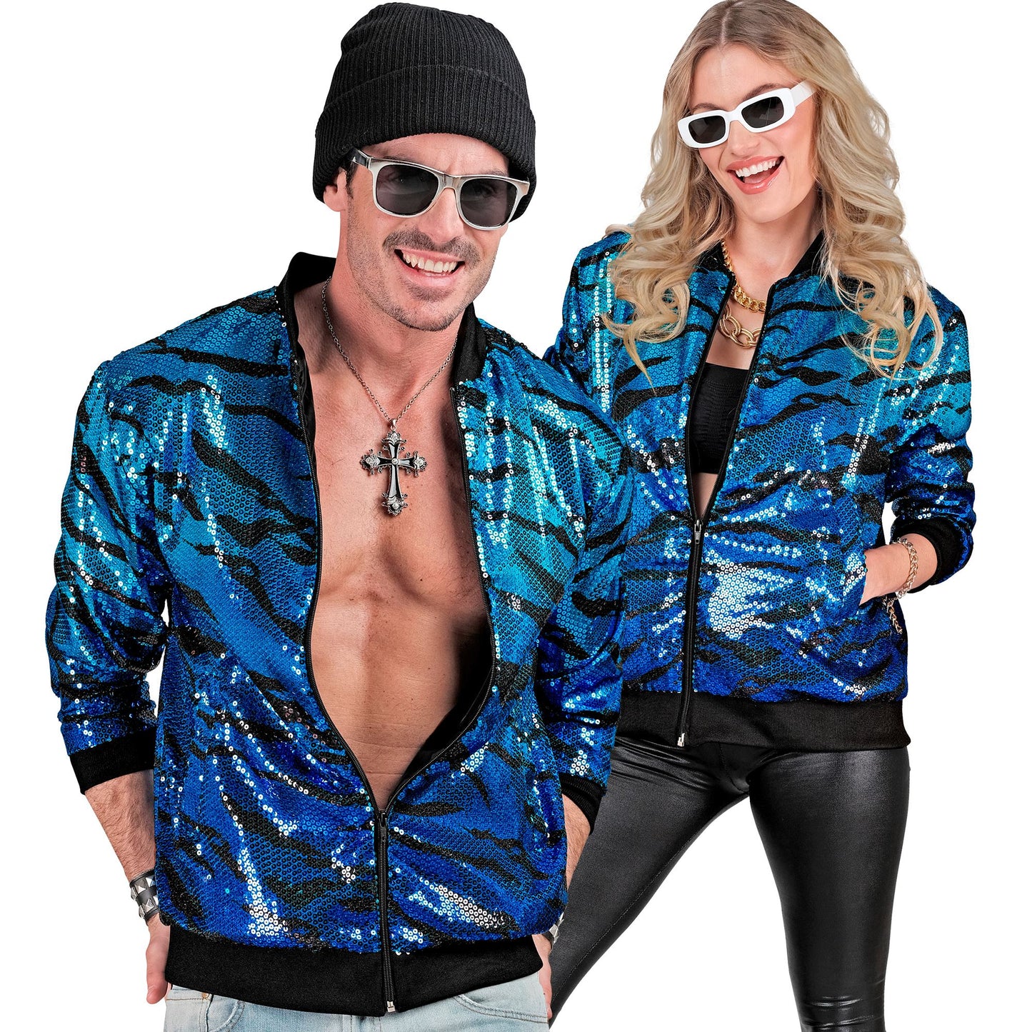 "PARTY FASHION BOMBERJACKE" (Pailletten Bomberjacke in blue waves Muster) – Detailansicht