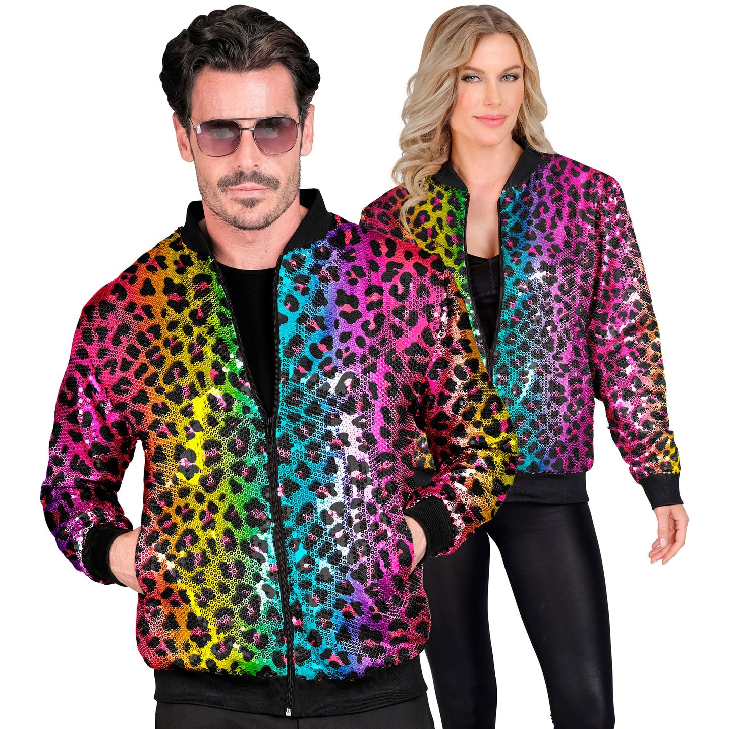 "PARTY FASHION BOMBERJACKE" (Pailletten Bomberjacke in Leopardenmuster Regenbogen) – Vorderansicht