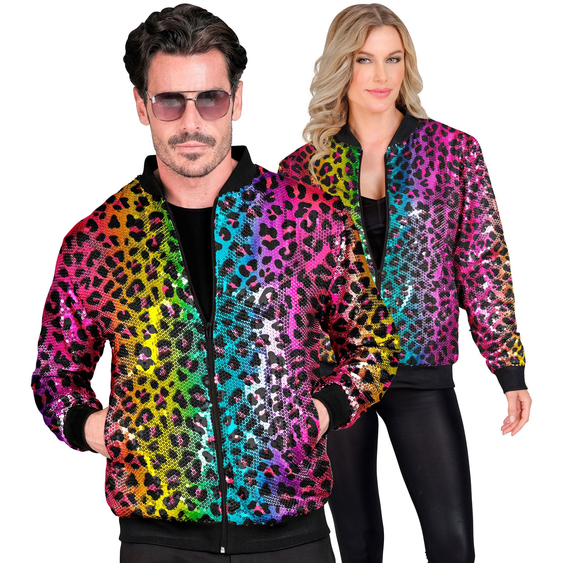 "PARTY FASHION BOMBERJACKE" (Pailletten Bomberjacke in Leopardenmuster Regenbogen) – Vorderansicht