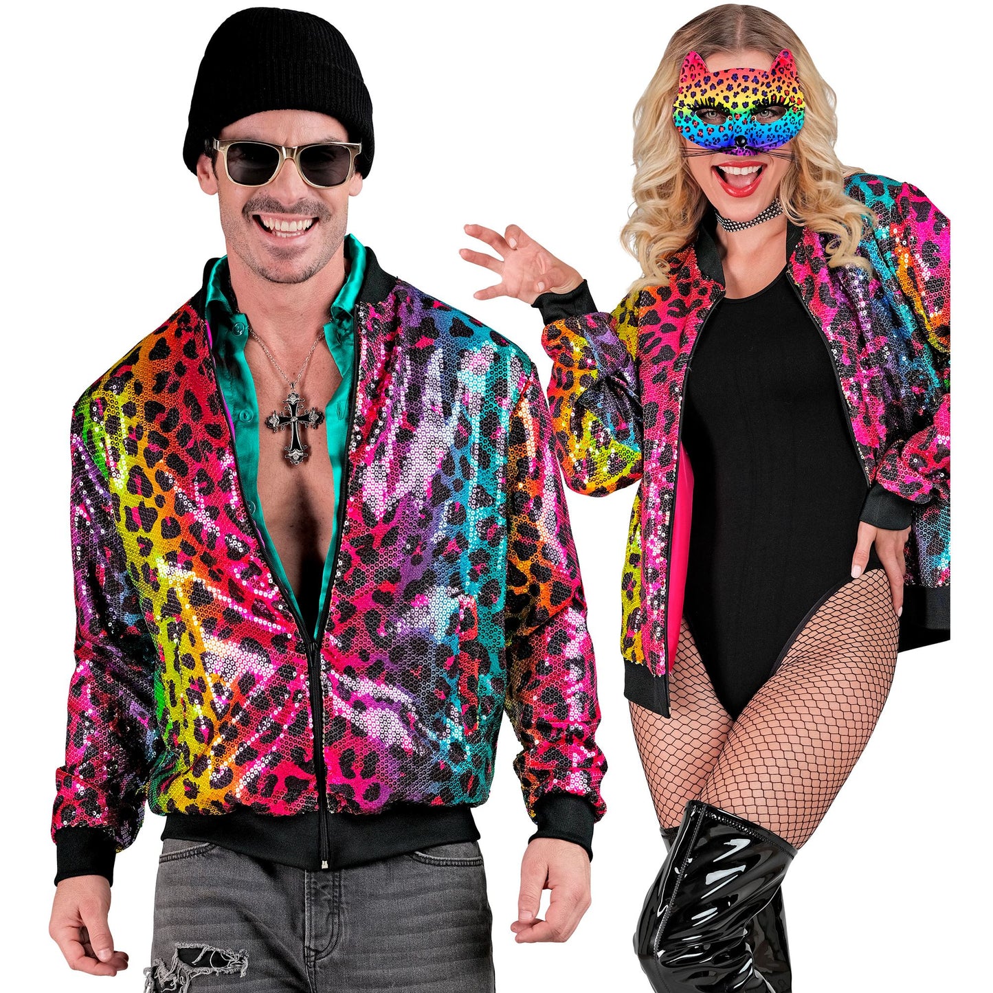 "PARTY FASHION BOMBERJACKE" (Pailletten Bomberjacke in Leopardenmuster Regenbogen) – Detailansicht