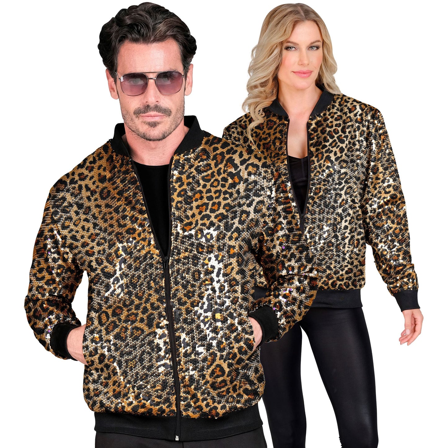 "PARTY FASHION BOMBERJACKE" (Pailletten Bomberjacke in Leopardenmuster) – Vorderansicht