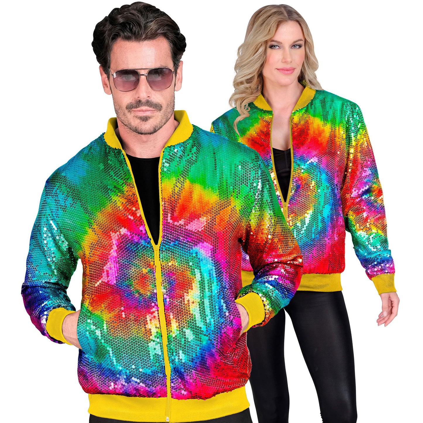 "PARTY FASHION BOMBERJACKE" (Pailletten Bomberjacke in Tie-Dye Muster) – Vorderansicht