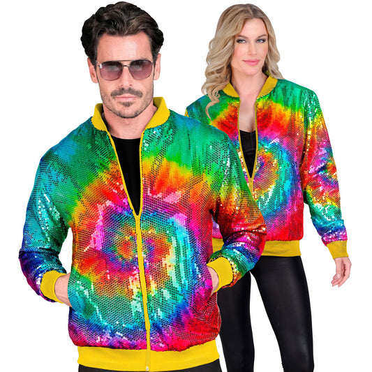 "PARTY FASHION BOMBERJACKE" (Pailletten Bomberjacke in Tie-Dye Muster) – Vorderansicht