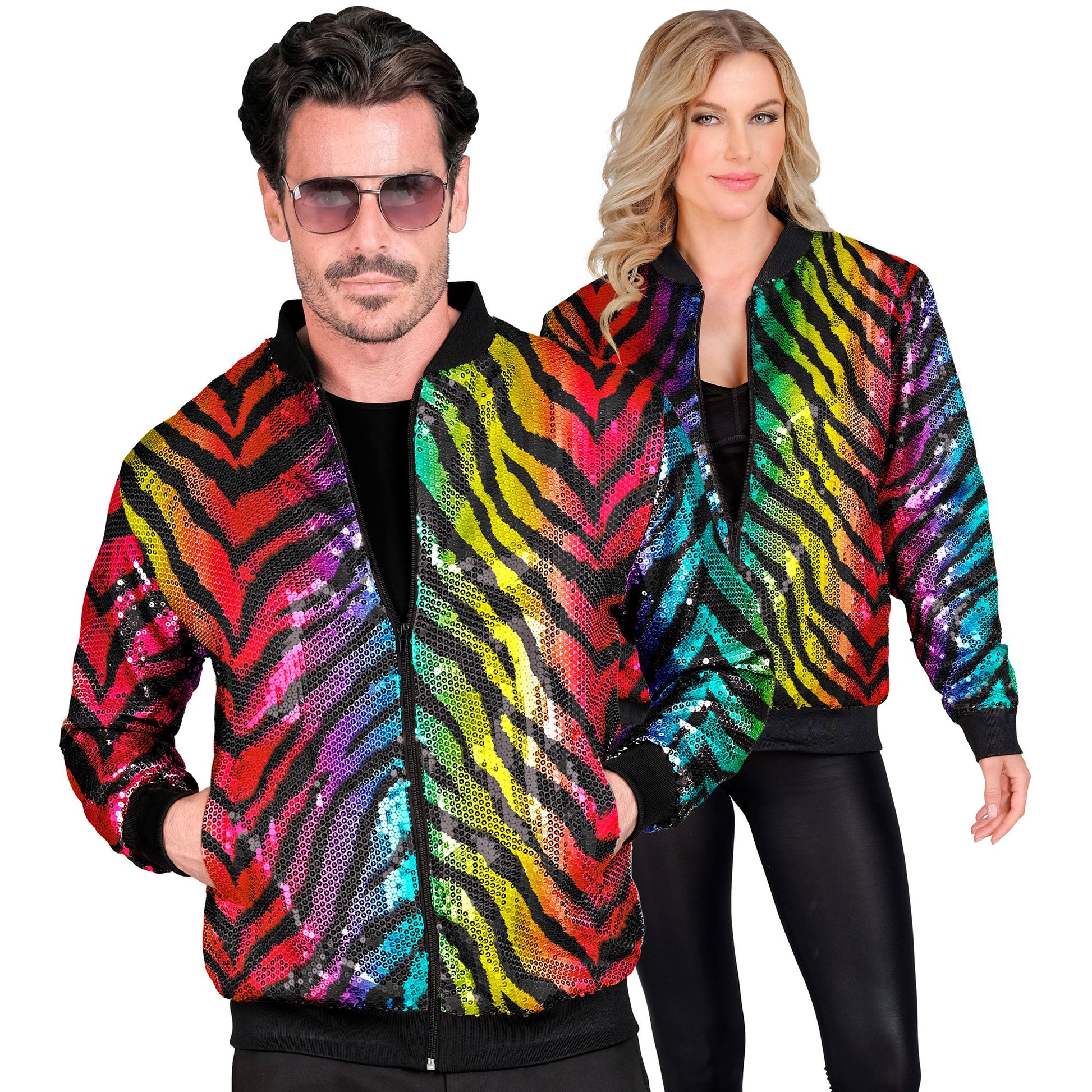 "PARTY FASHION BOMBERJACKE" (Pailletten Bomberjacke in Tigermuster Regenbogen) – Vorderansicht