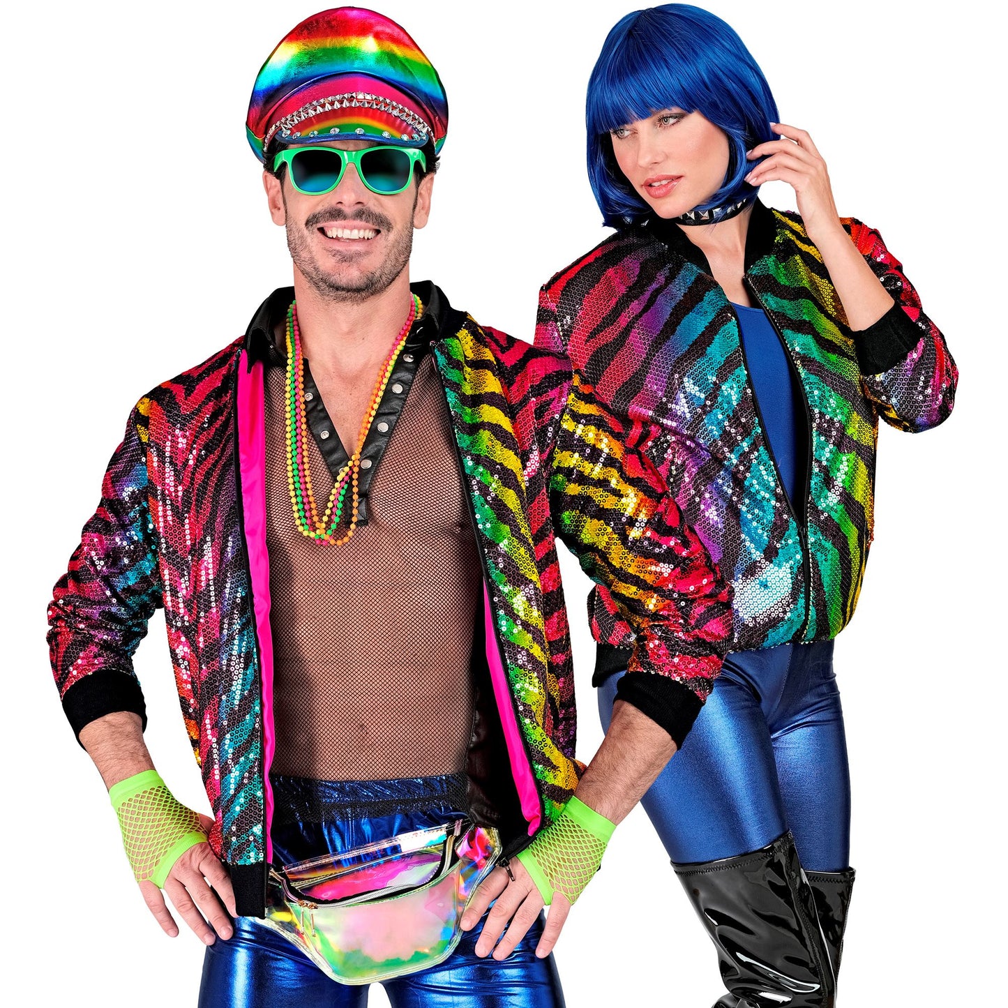 "PARTY FASHION BOMBERJACKE" (Pailletten Bomberjacke in Tigermuster Regenbogen) – Detailansicht