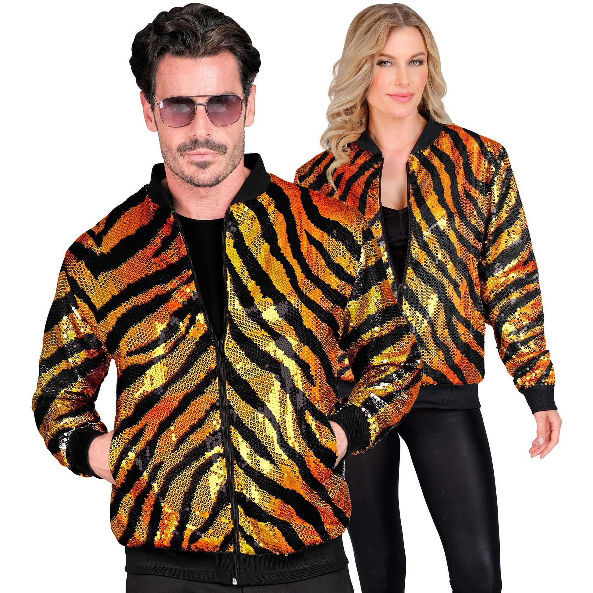 "PARTY FASHION BOMBERJACKE" (Pailletten Bomberjacke in Tigermuster) – Vorderansicht