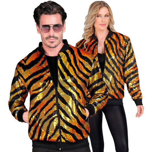 "PARTY FASHION BOMBERJACKE" (Pailletten Bomberjacke in Tigermuster) – Vorderansicht