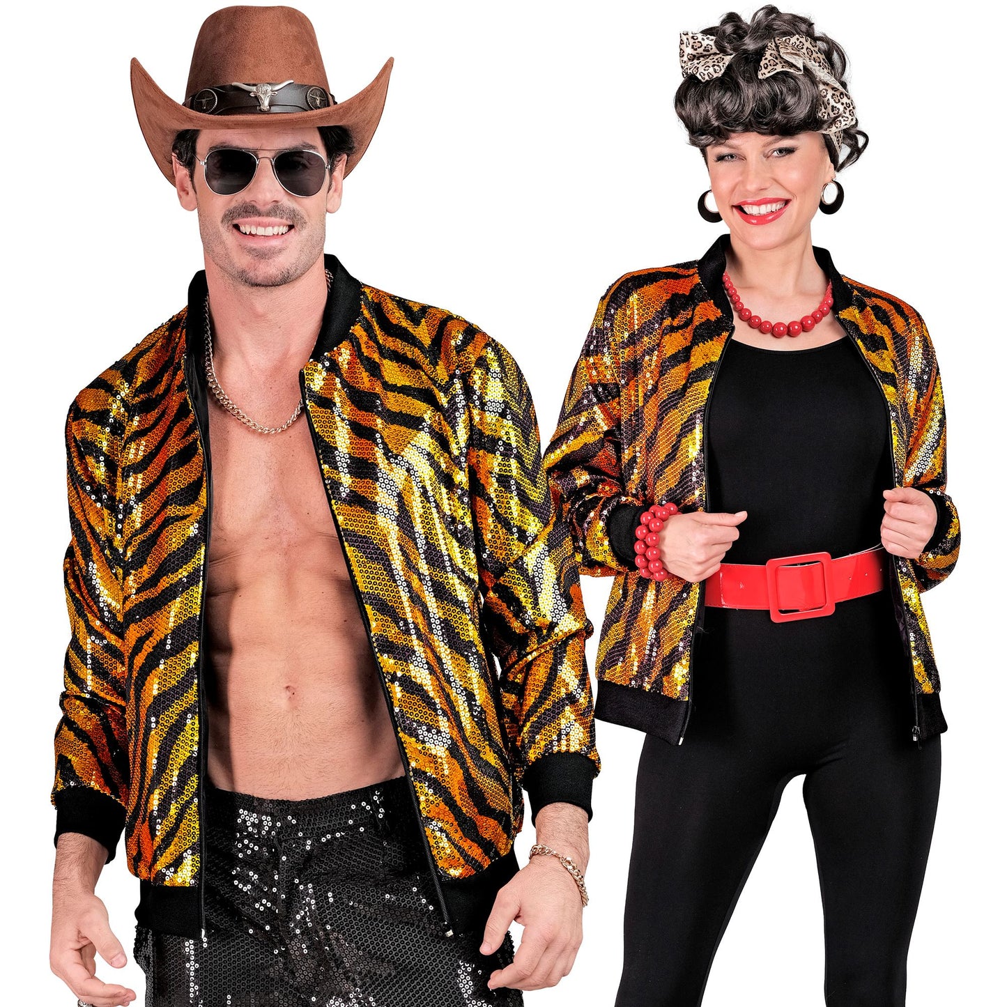 "PARTY FASHION BOMBERJACKE" (Pailletten Bomberjacke in Tigermuster) – Detailansicht