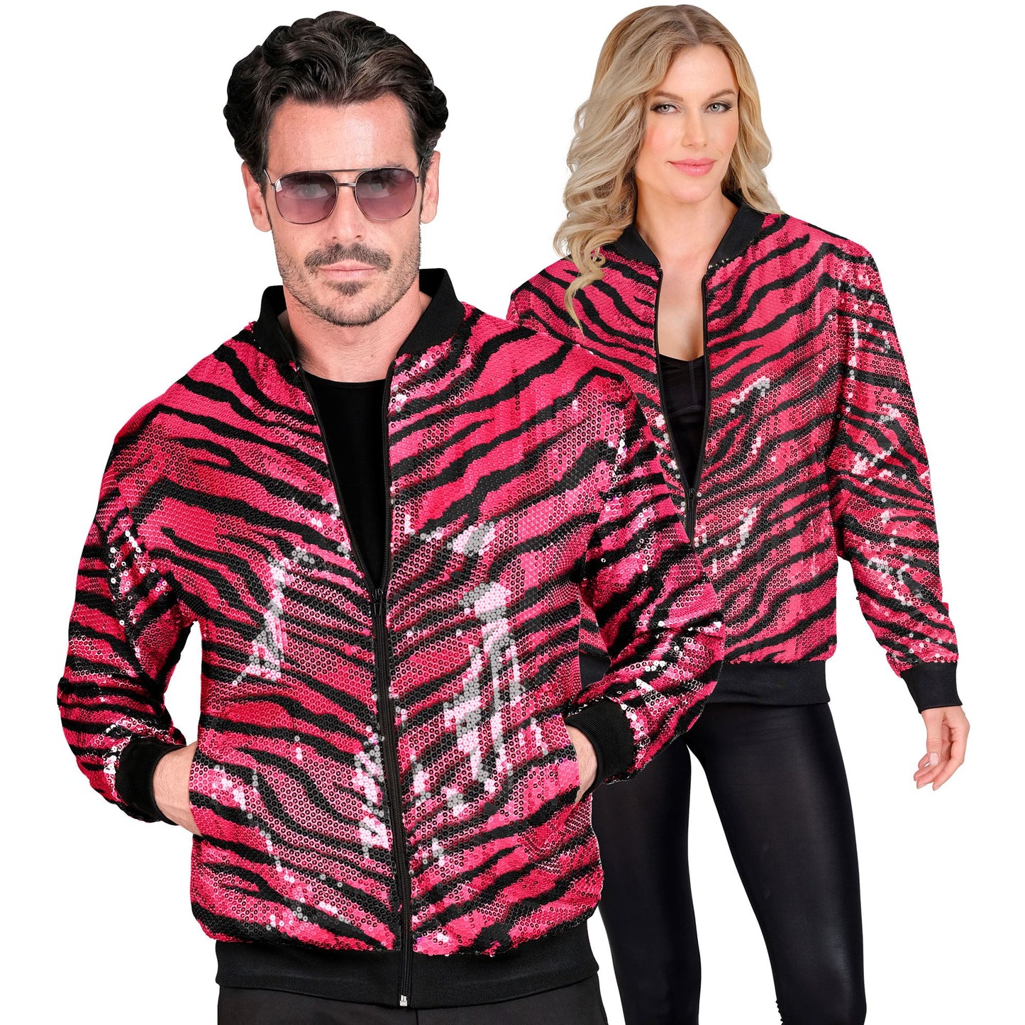 "PARTY FASHION BOMBERJACKE" (Pailletten Bomberjacke in Zebramuster pink) – Vorderansicht