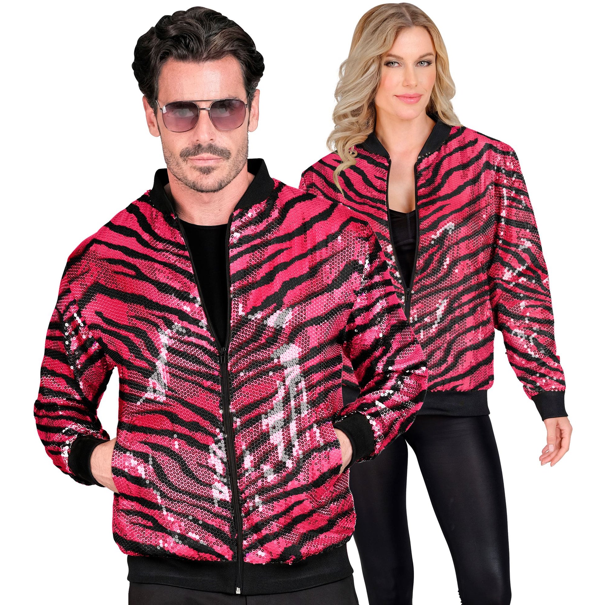 "PARTY FASHION BOMBERJACKE" (Pailletten Bomberjacke in Zebramuster pink) – Vorderansicht