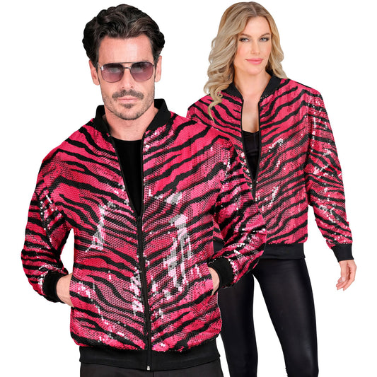 "PARTY FASHION BOMBERJACKE" (Pailletten Bomberjacke in Zebramuster pink) – Vorderansicht