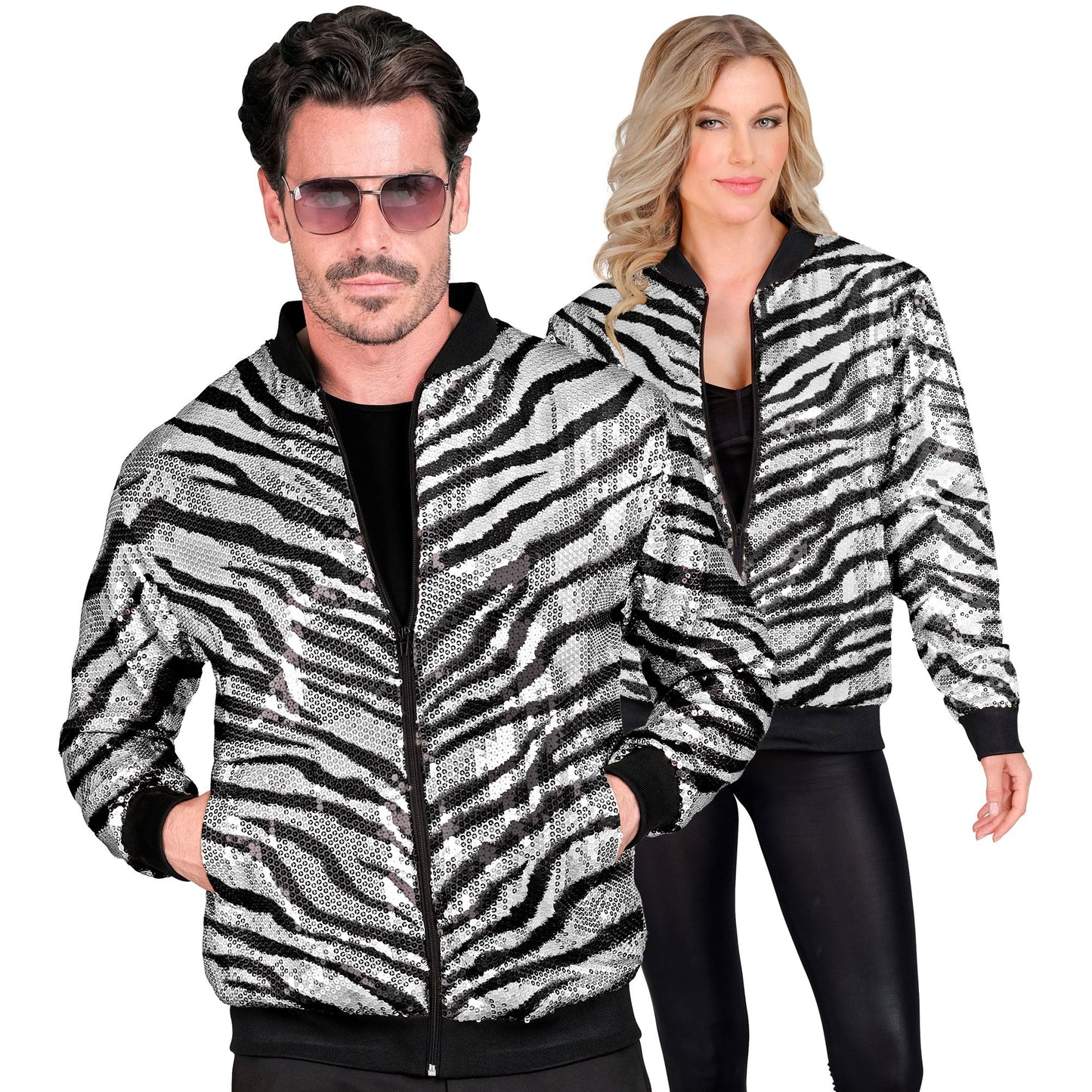 "PARTY FASHION BOMBERJACKE" (Pailletten Bomberjacke in Zebramuster) – Vorderansicht