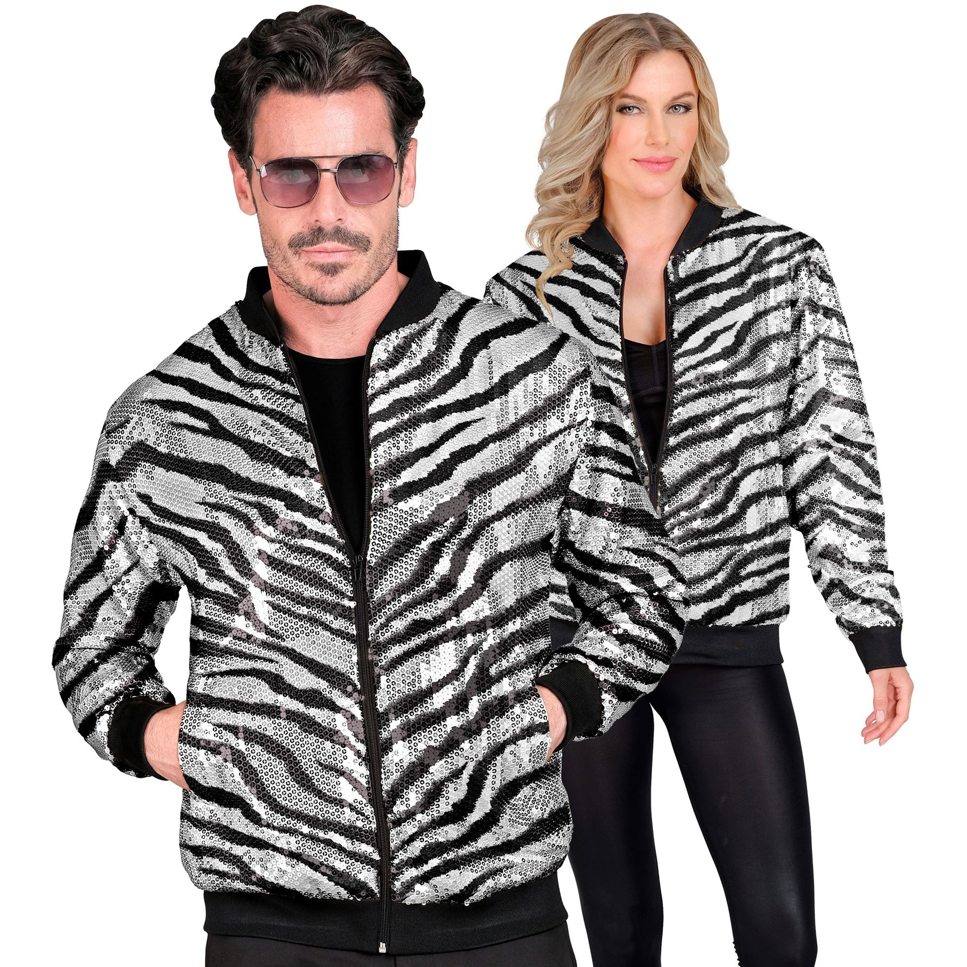 "PARTY FASHION BOMBERJACKE" (Pailletten Bomberjacke in Zebramuster) – Vorderansicht