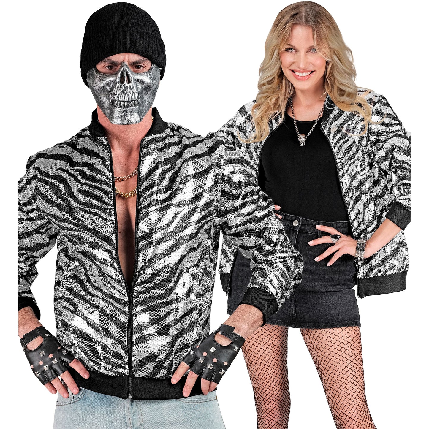 "PARTY FASHION BOMBERJACKE" (Pailletten Bomberjacke in Zebramuster) – Detailansicht