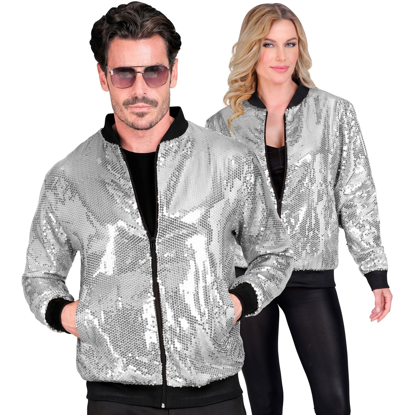 "PARTY FASHION BOMBERJACKE" (Pailletten Bomberjacke silber) – Vorderansicht
