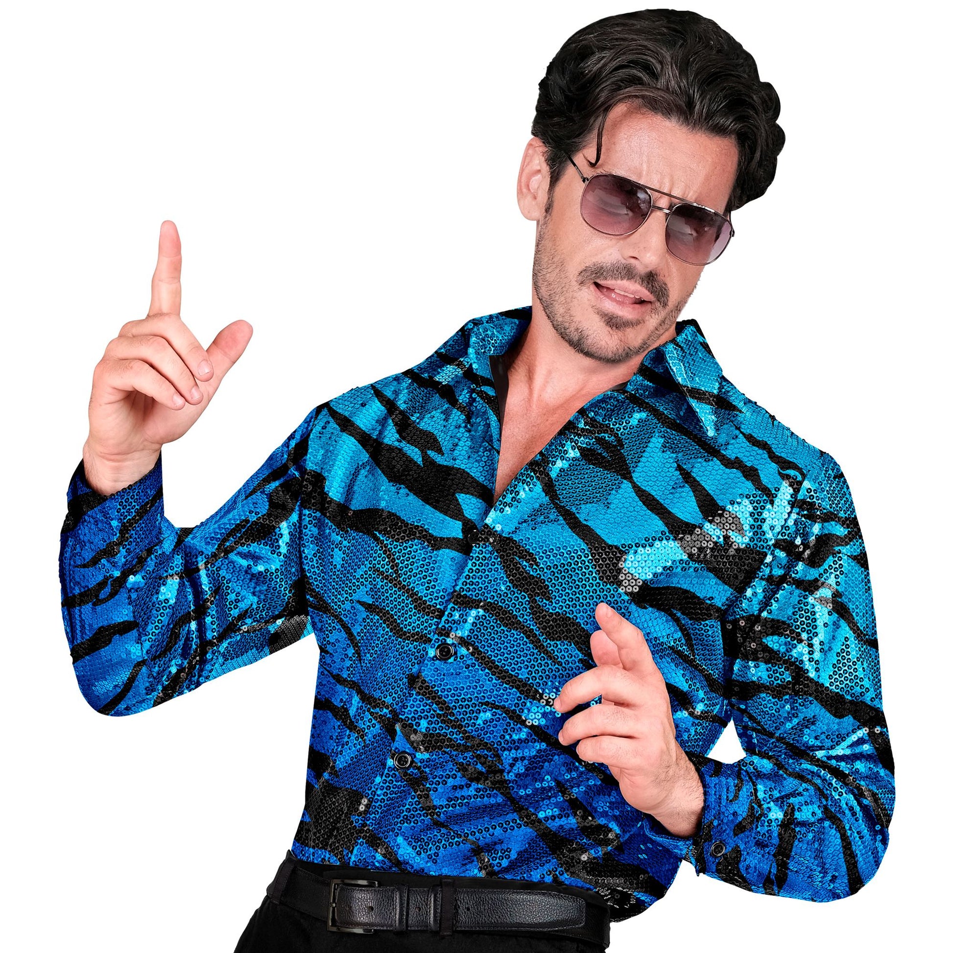 "PARTY FASHION HEMD" (Paillettenhemd in blue waves Muster) – Vorderansicht