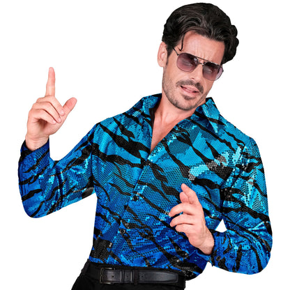"PARTY FASHION HEMD" (Paillettenhemd in blue waves Muster) – Vorderansicht