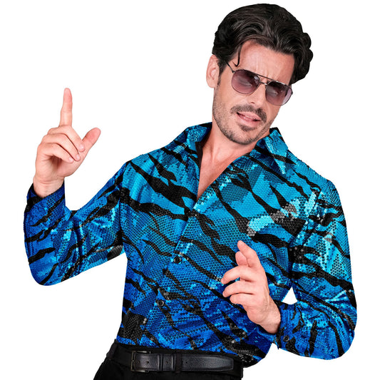 "PARTY FASHION HEMD" (Paillettenhemd in blue waves Muster) – Vorderansicht