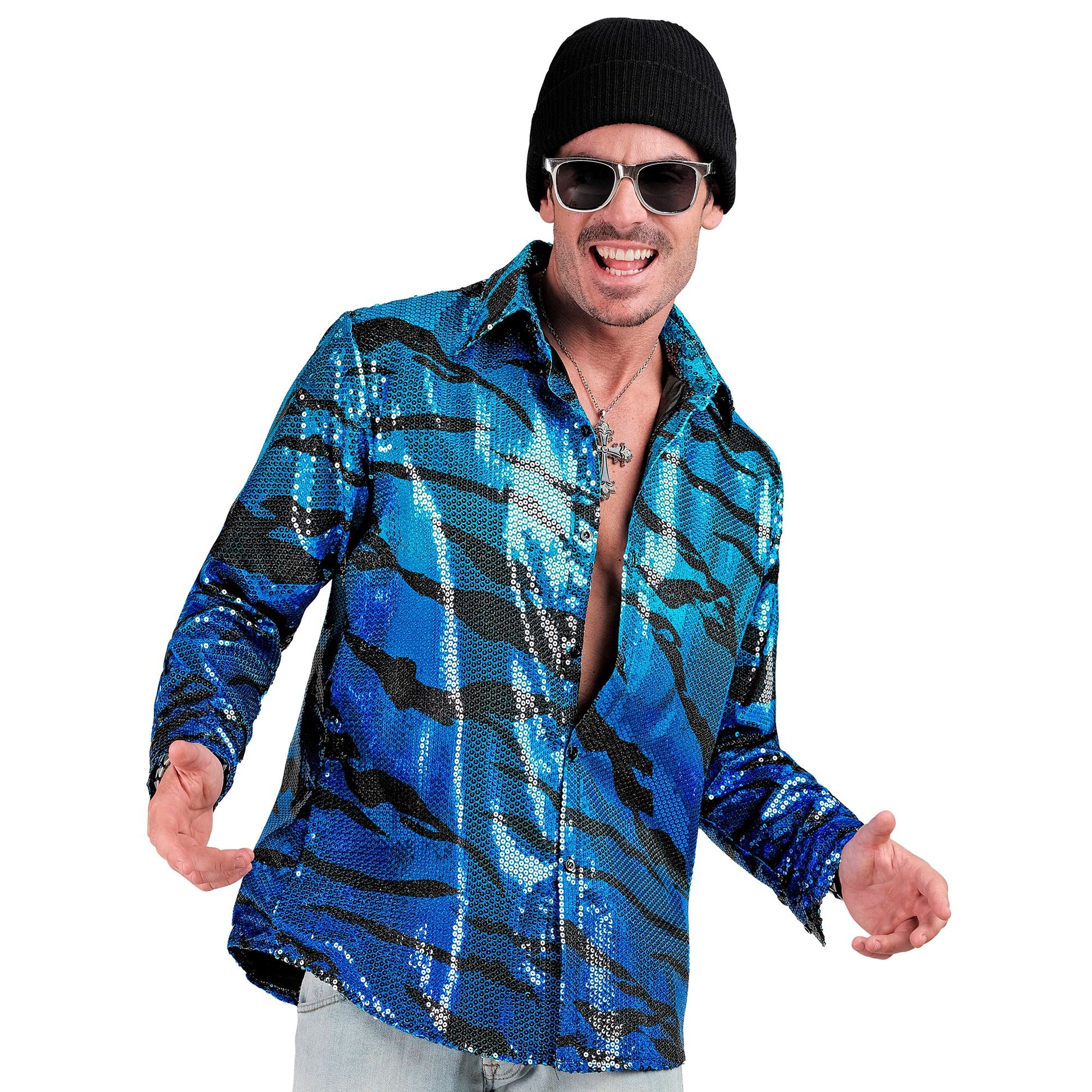 "PARTY FASHION HEMD" (Paillettenhemd in blue waves Muster) – Detailansicht