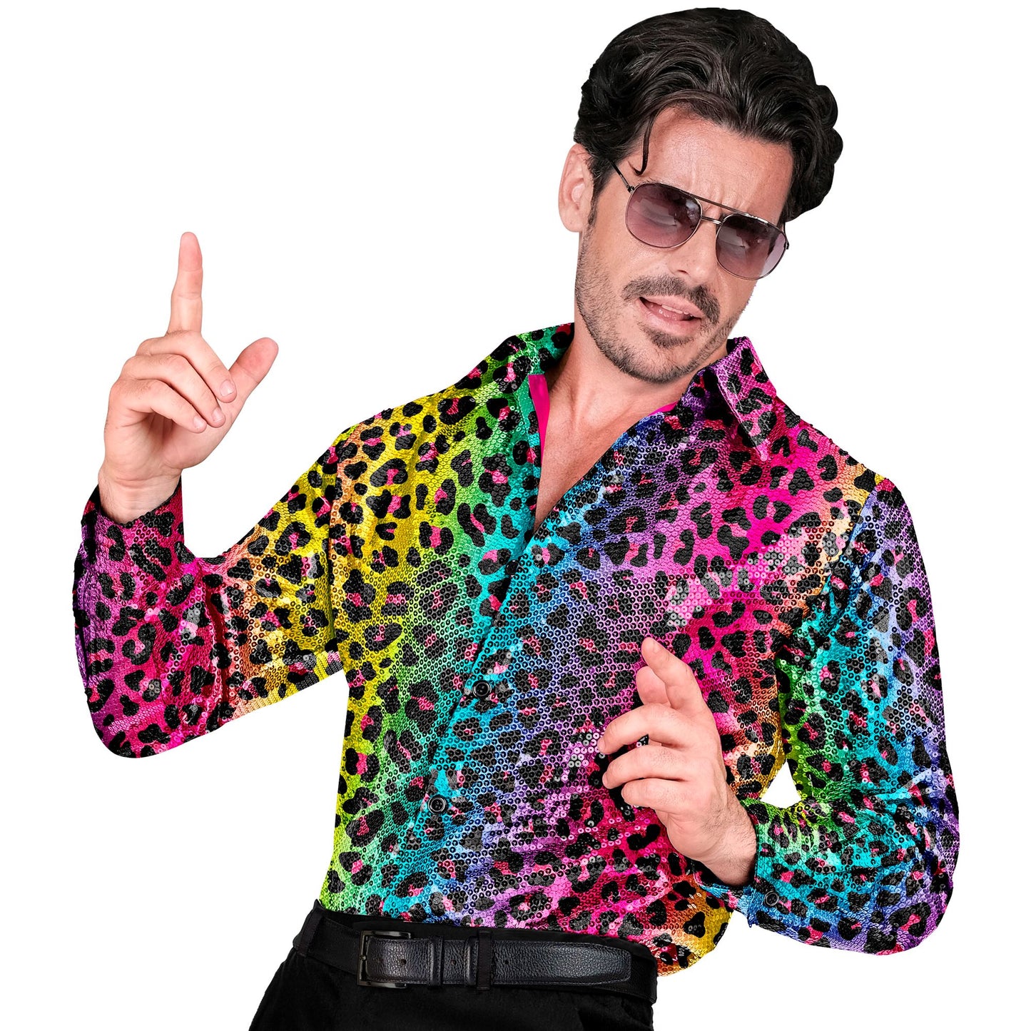 "PARTY FASHION HEMD" (Paillettenhemd in Leopardenmuster Regenbogen) – Vorderansicht