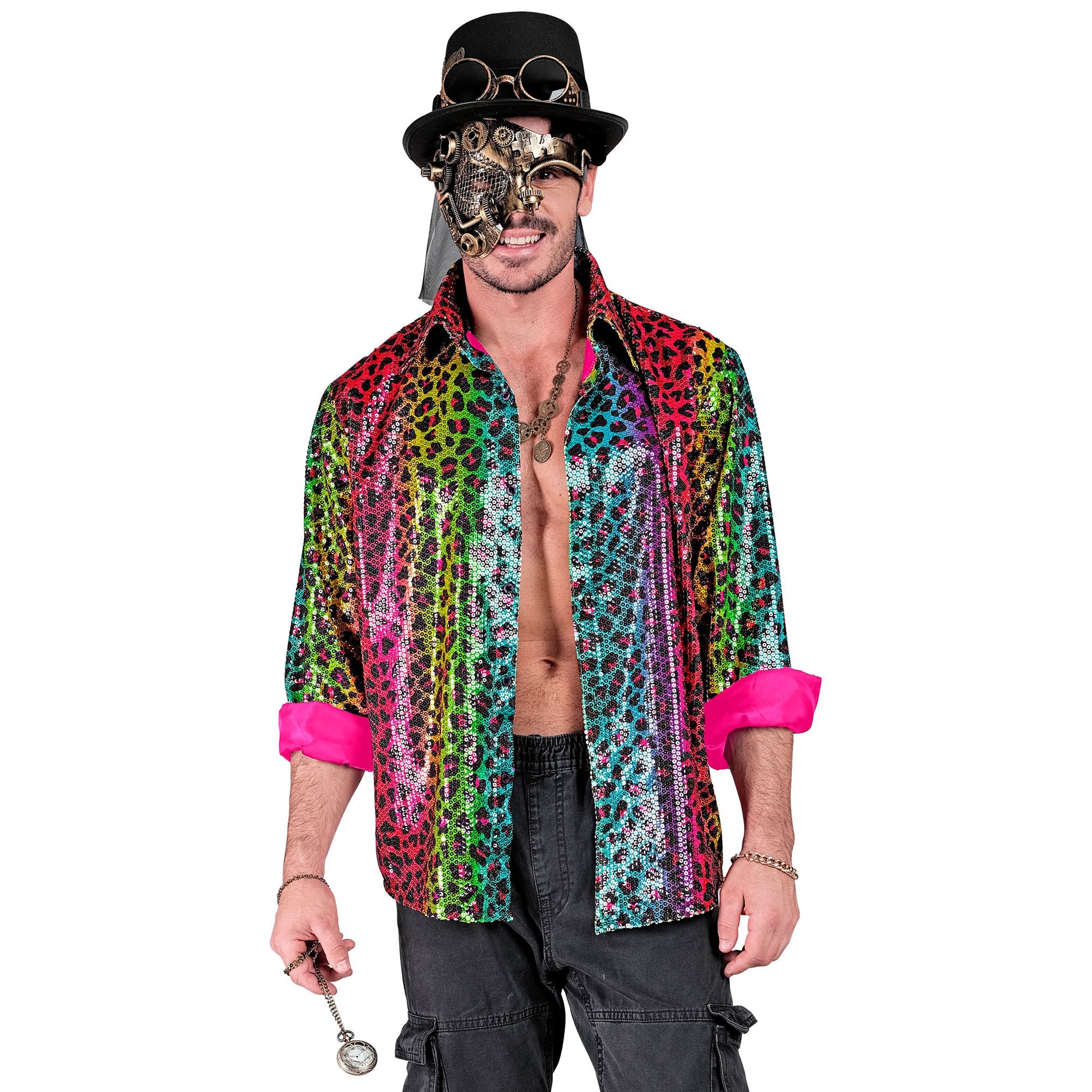 "PARTY FASHION HEMD" (Paillettenhemd in Leopardenmuster Regenbogen) – Detailansicht