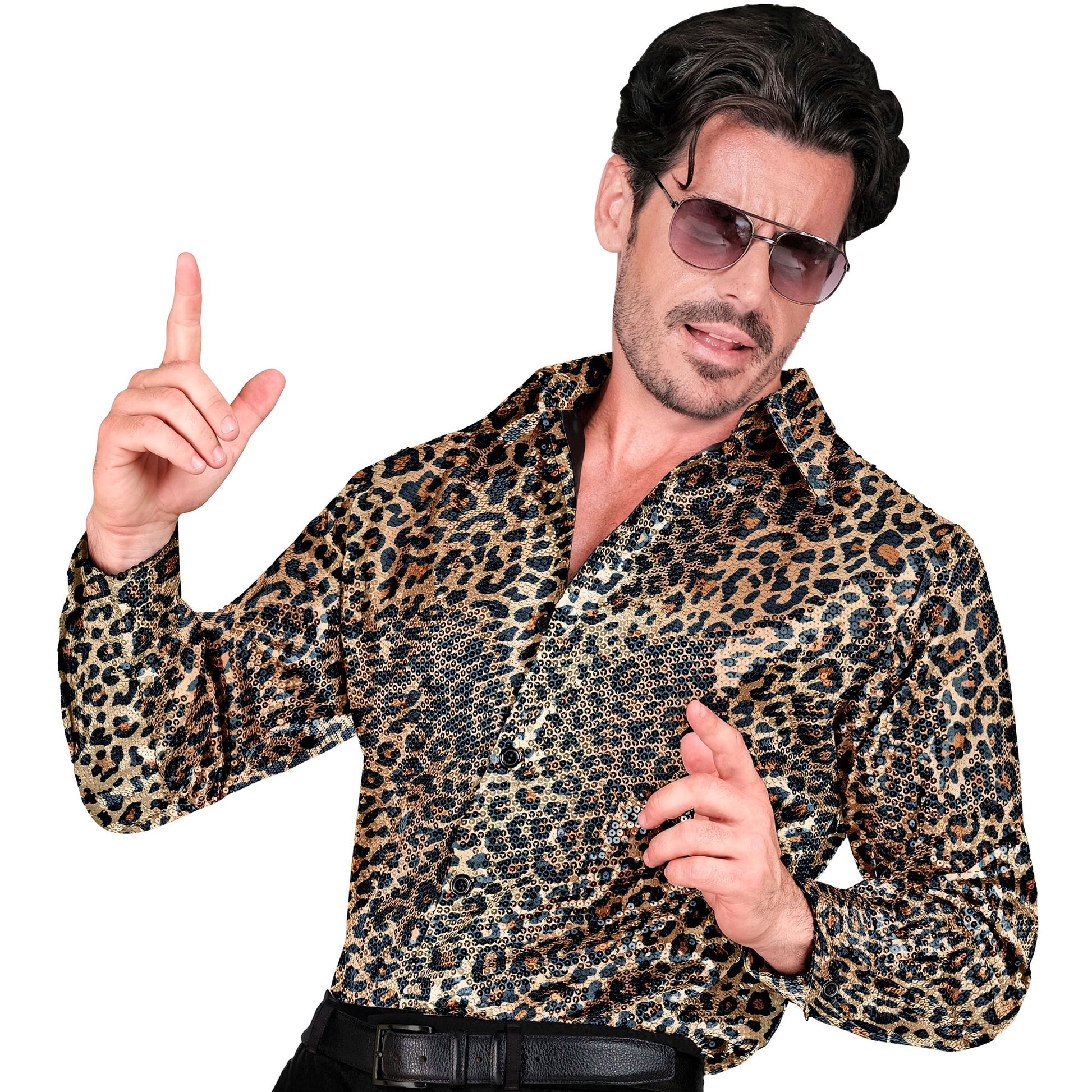 "PARTY FASHION HEMD" (Paillettenhemd in Leopardenmuster) – Vorderansicht