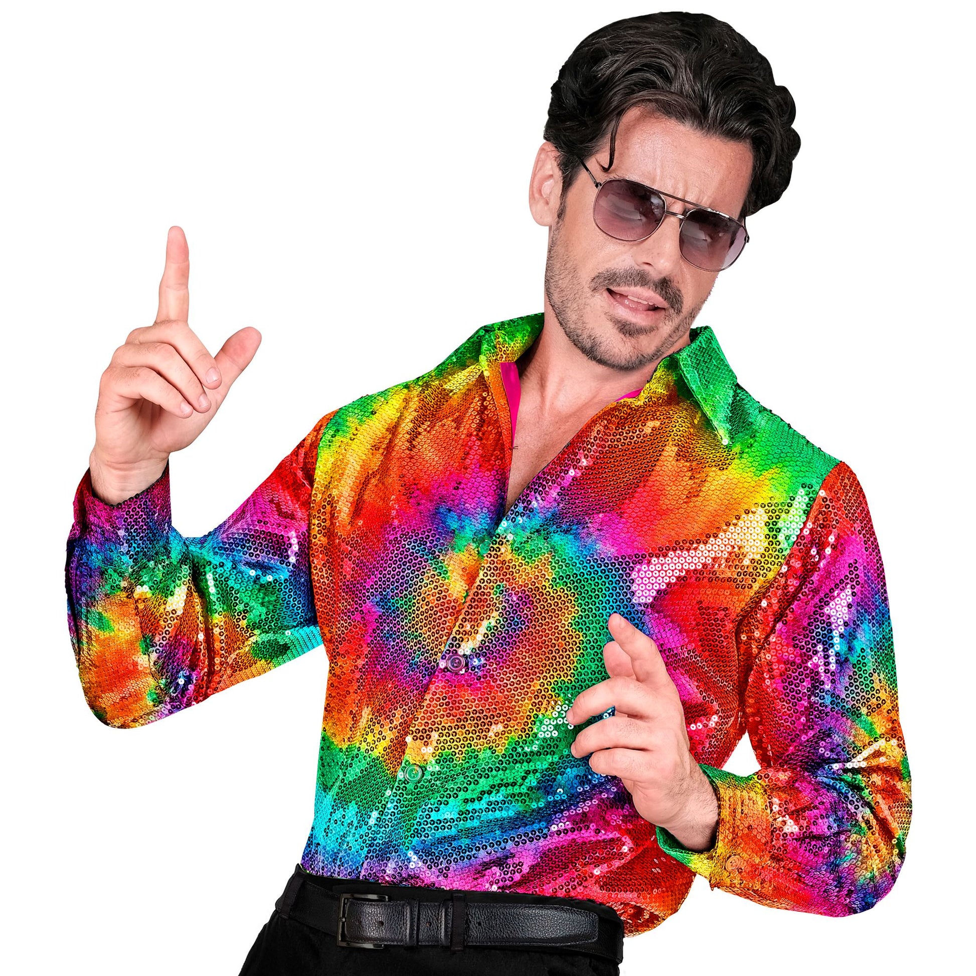 "PARTY FASHION HEMD" (Paillettenhemd in Tie-Dye Muster) – Vorderansicht