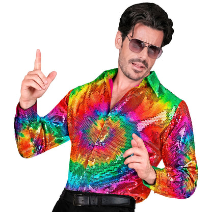 "PARTY FASHION HEMD" (Paillettenhemd in Tie-Dye Muster) – Vorderansicht