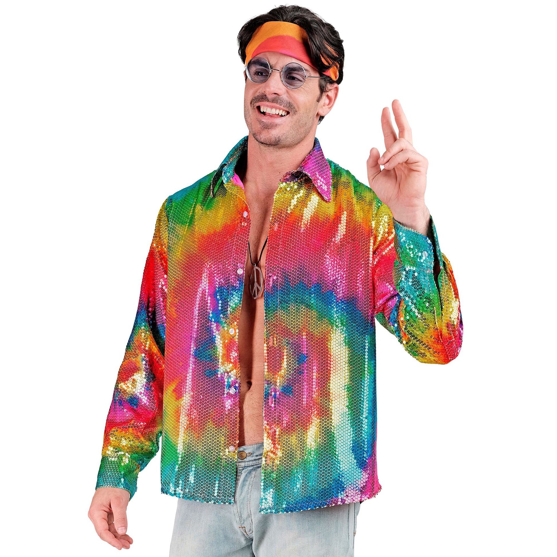 "PARTY FASHION HEMD" (Paillettenhemd in Tie-Dye Muster) – Detailansicht