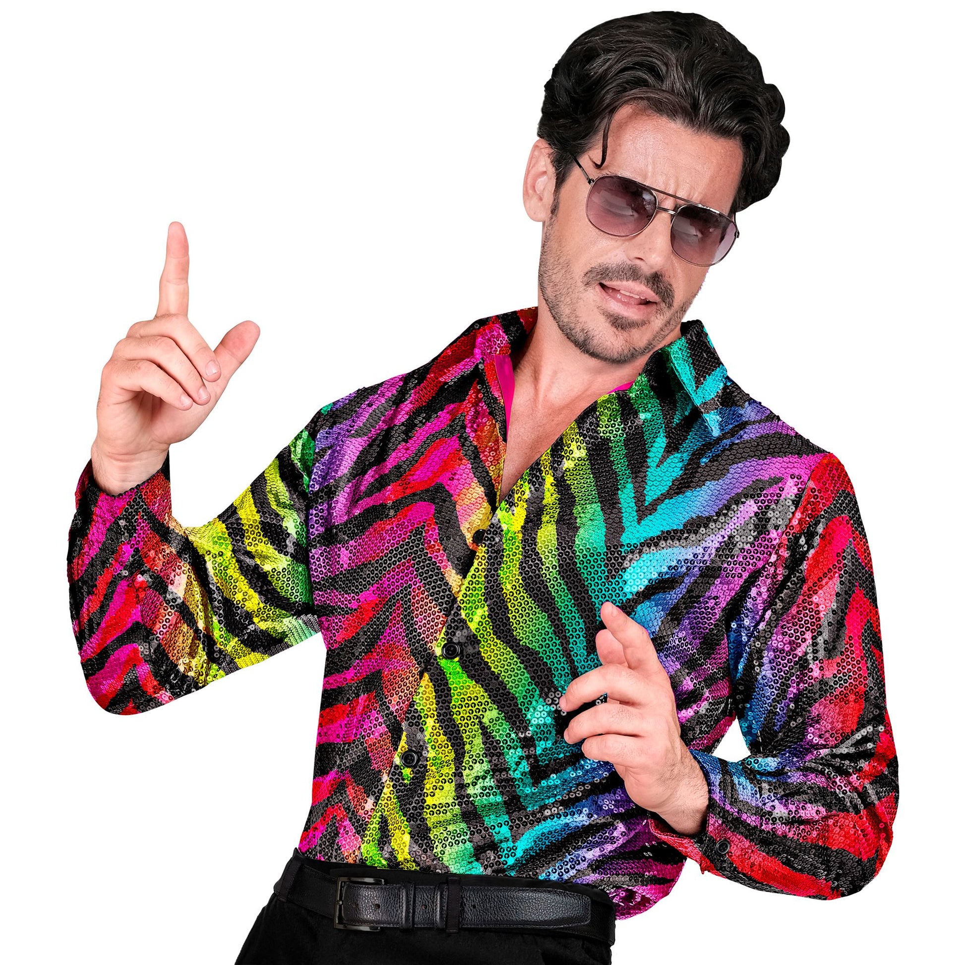"PARTY FASHION HEMD" (Paillettenhemd in Tigermuster Regenbogen) – Vorderansicht