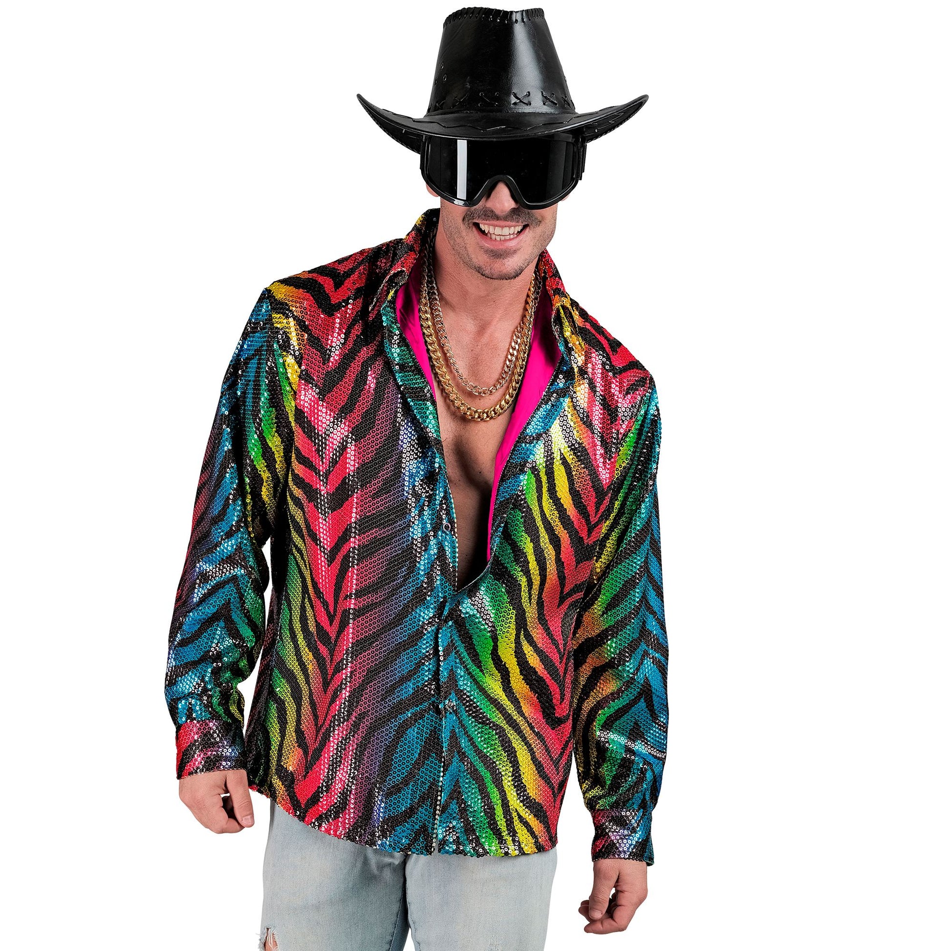 "PARTY FASHION HEMD" (Paillettenhemd in Tigermuster Regenbogen) – Detailansicht