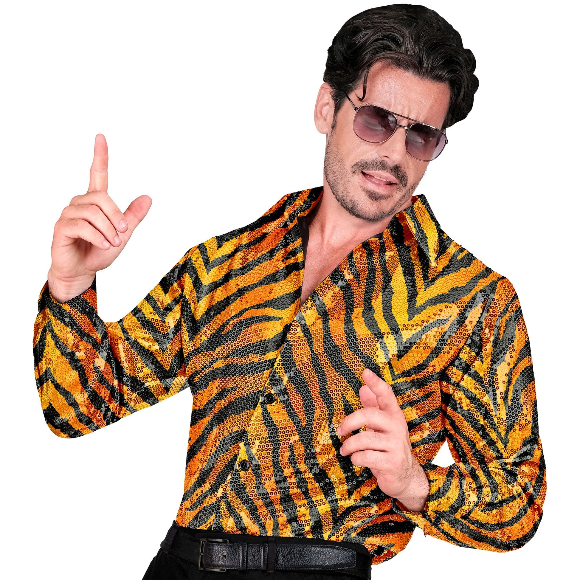 "PARTY FASHION HEMD" (Paillettenhemd in Tigermuster) – Vorderansicht
